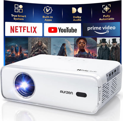Aurzen Roku TV Smart Projector with Wifi and Bluetooth, Roku Streaming Experience Built-in, 1080P FHD, DoIby Audio, Auto Focus & Keystone, Zoom, Movie Portable Outdoor Mini Projector, White
