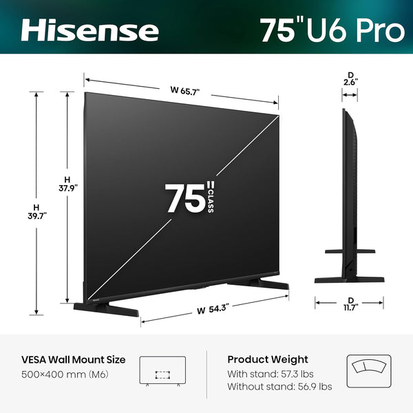 Hisense 75" U6 Pro Series Mini‑LED 4K UHD HDR Gaming AI Smart Fire TV (75U6SF Pro, 2026 New) – Hi-QLED, Native 144Hz, Motion Rate 480, Dolby Vision IQ,· Atmos, HDR10+, Glare-Free, Alexa+