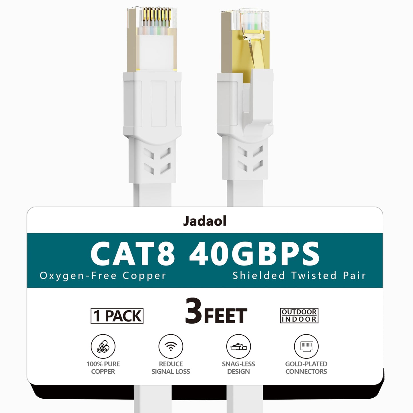Jadaol Cat 8 Ethernet Cable 25 ft, 40Gbps 2000MHz Flat RJ45 S/FTP LAN Patch Cable, High-Speed Cat8 Network Cable for Router, Modem, Switch, Gaming Consoles, PC, Home Network & Streaming Devices, White