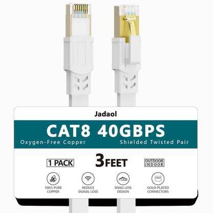 Jadaol Cat 8 Ethernet Cable 25 ft, 40Gbps 2000MHz Flat RJ45 S/FTP LAN Patch Cable, High-Speed Cat8 Network Cable for Router, Modem, Switch, Gaming Consoles, PC, Home Network & Streaming Devices, White