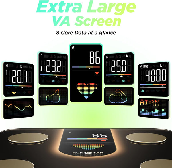 RunStar Scale for Body Weight, Smart Scale with 8-in-1 VA Display, High Precision Bathroom Digital Scale for Body Weight Heart Rate BMI Body Fat 22 Body Composition Sync APP, FSA&HSA Eligible