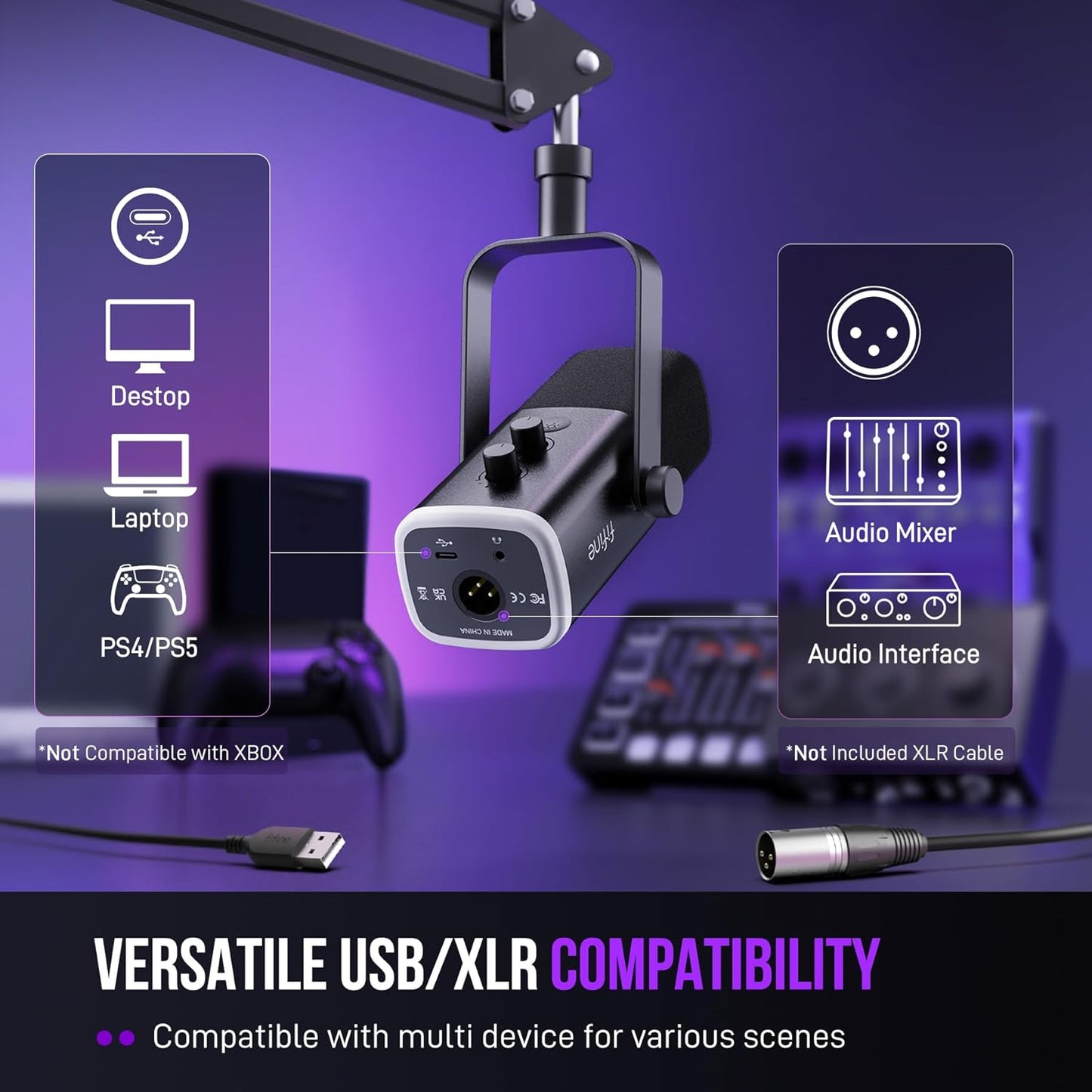 FIFINE XLR/USB Gaming Microphone Set, Dynamic PC Mic for Streaming Podcasting, Computer RGB Mic Kit with Boom Arm Stand, Mute Button, Headphones Jack, for Recording Vocal Voice-Over-AmpliGame AM8T