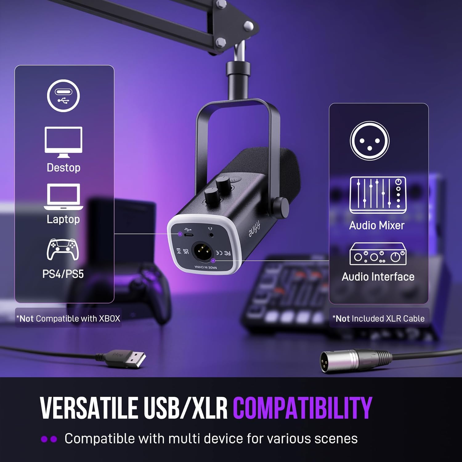 FIFINE XLR/USB Gaming Microphone Set, Dynamic PC Mic for Streaming Podcasting, Computer RGB Mic Kit with Boom Arm Stand, Mute Button, Headphones Jack, for Recording Vocal Voice-Over-AmpliGame AM8T