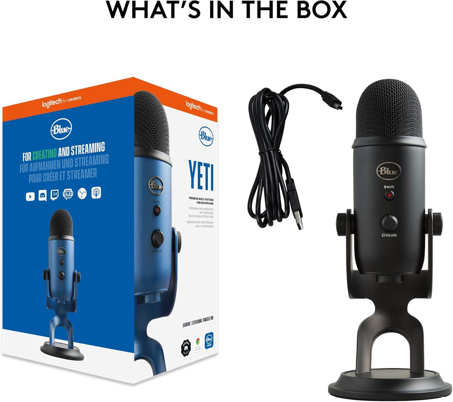 Logitech Creators Blue Yeti USB Microphone for PC, Mac, Gaming, Recording, Streaming, Podcasting, Studio and Computer Condenser Mic with Blue VO!CE effects, 4 Pickup Patterns, Plug and Play - Blackout
