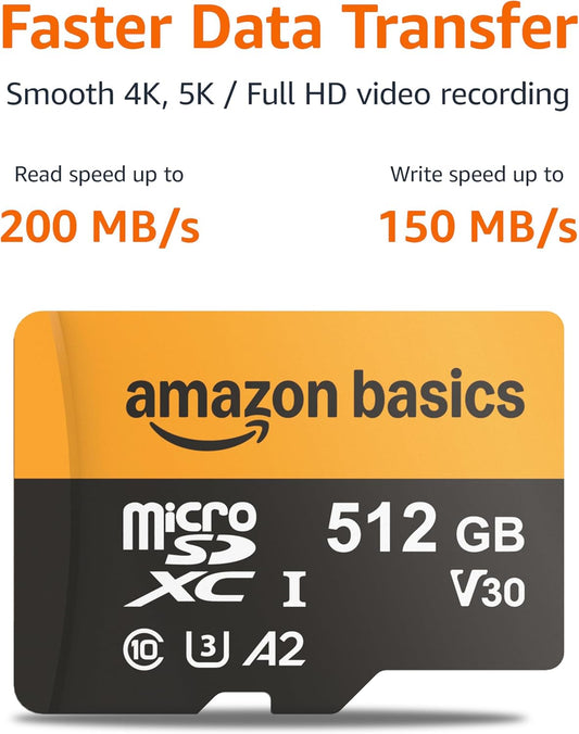 Amazon Basics 512GB microSDXC Card with Adapter for Tablets, Smartphones, Action Cameras, GoPRO, Drones, Full HD, Read Speed Up to 200MB/s, 1-Pack