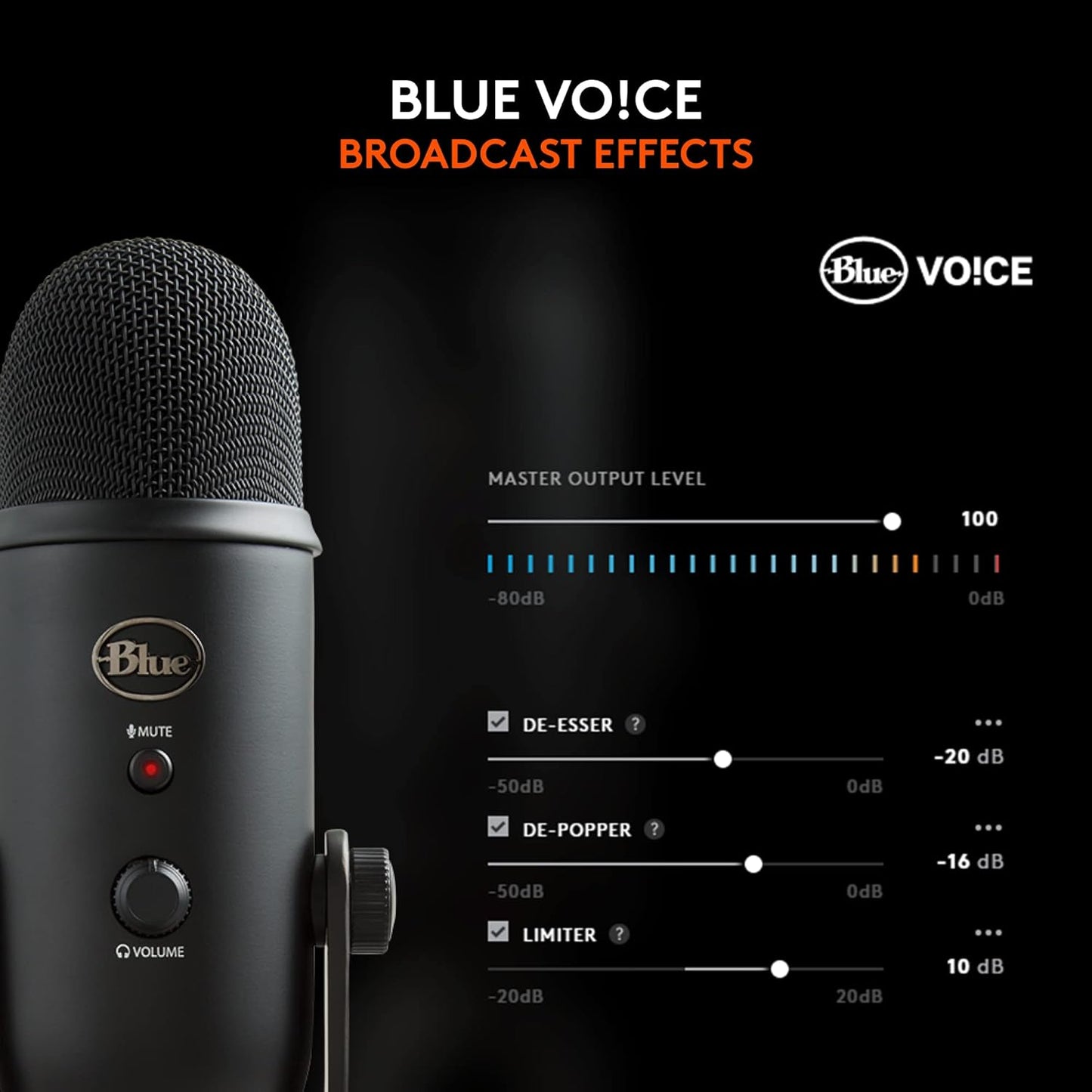 Logitech Creators Blue Yeti USB Microphone for PC, Mac, Gaming, Recording, Streaming, Podcasting, Studio and Computer Condenser Mic with Blue VO!CE effects, 4 Pickup Patterns, Plug and Play - Blackout
