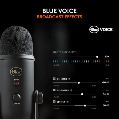 Logitech Creators Blue Yeti USB Microphone for PC, Mac, Gaming, Recording, Streaming, Podcasting, Studio and Computer Condenser Mic with Blue VO!CE effects, 4 Pickup Patterns, Plug and Play - Blackout
