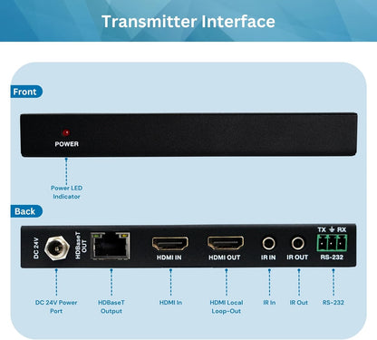 J-Tech Digital Long Range HDMI Extender Over Cat6 150m/492ft HDBaseT 1080P Extender PoC, Bi-Directional IR, Supports Dolby Digital, DTS, with EDID, CEC, & RS-232 Passthrough (JTECH-HDT150)