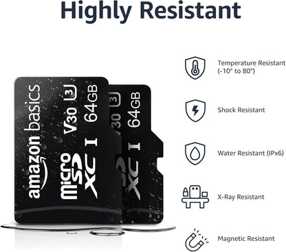 Amazon Basics microSDXC Memory Card with Full Size Adapter, A2, U3, Read Speed up to 100 MB/s, 64GB, Black (2pack)