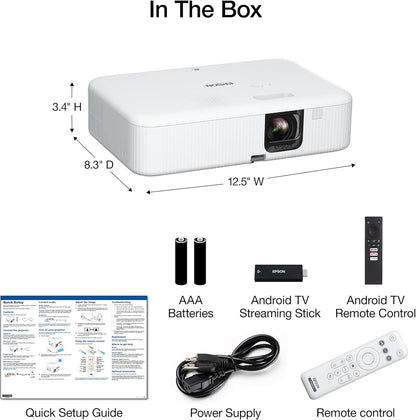 Epson EpiqVision Flex CO-FH02 Full HD 1080p Smart Streaming Portable Projector 3-Chip 3LCD, 3000 Lumen Color/White Brightness, Android TV, Bluetooth, 5W Speaker, Home Entertainment
