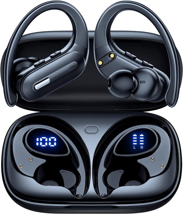 Active Noise Cancelling Bluetooth Headphones Wireless Earbuds 90 Hrs Playtime Ear Buds with Hi-Res Stereo Deep Bass Power Display Earphones with Earhooks Waterproof Transparency Headset Sports/Running