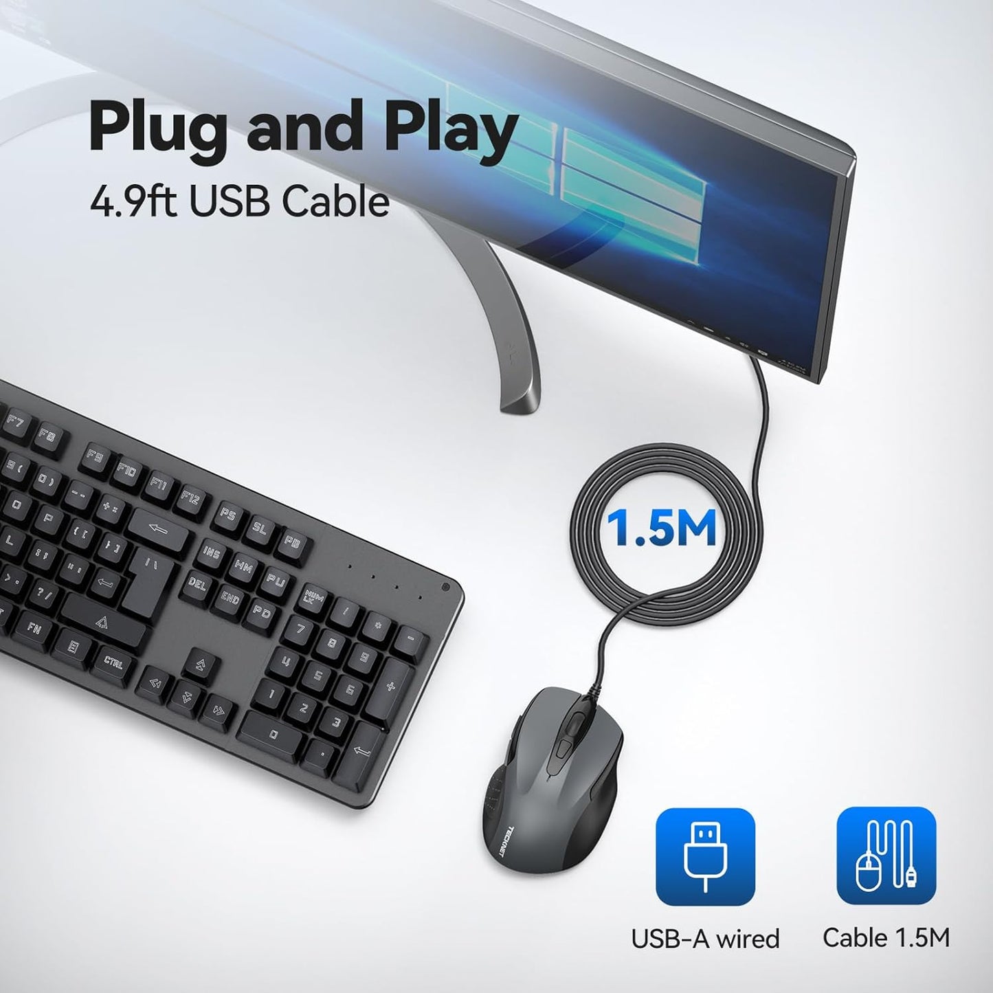 TECKNET USB Wired Mouse, 6-Button Corded Computer Mouse with 4 Adjustable DPI, Optical Computer Mice with Ergonomic Design and 5FT Cord for Laptop, Chromebook, PC, Desktop, Mac, Notebook-Gray