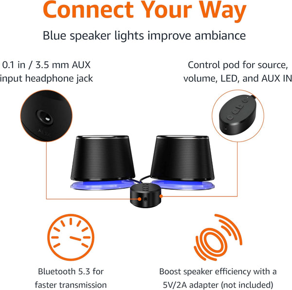 Amazon Basics Bluetooth Computer Speakers with USB 3.0, LED Blue Lighting, Volume Control, USB Powered, Set of 2