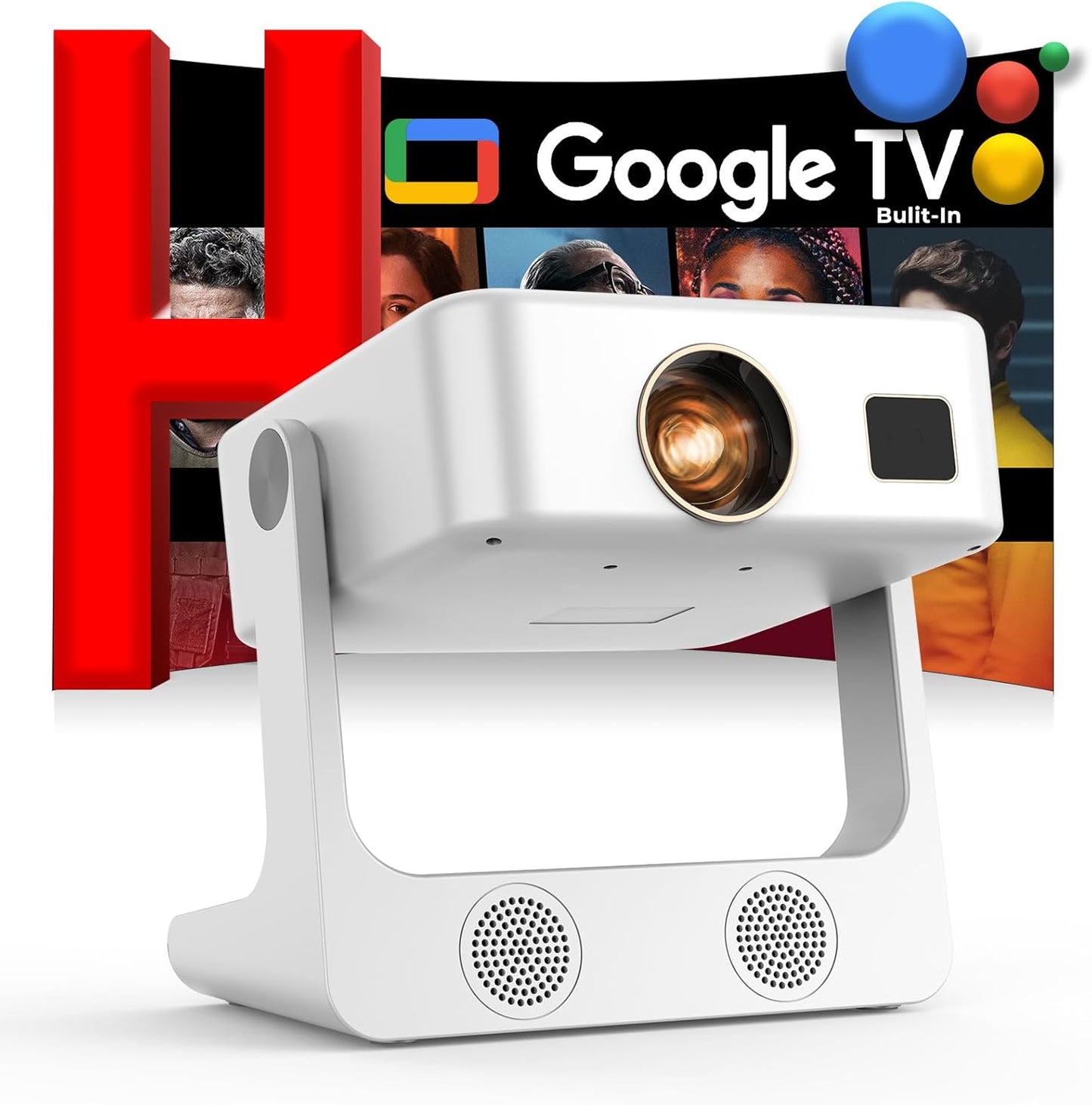 Outdoor-Projector-4K [Built-in Google TV/180°Rotatable Stand/Voice Control/E-Focus],Sovboi Smart-Movie-Projector with WiFi6 and Bluetooth, 2500 Brightness Portable-Proyector for 10,000+ Streaming Apps