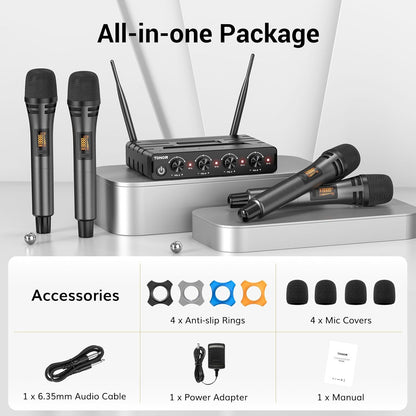 TONOR Wireless Microphones System with 4x10 Channels Cordless Handheld Microfono Inalambrico, 60 m/200FT UHF Range, Mics with Stable Signal Transmission for Karaoke Singing Party Church Wedding
