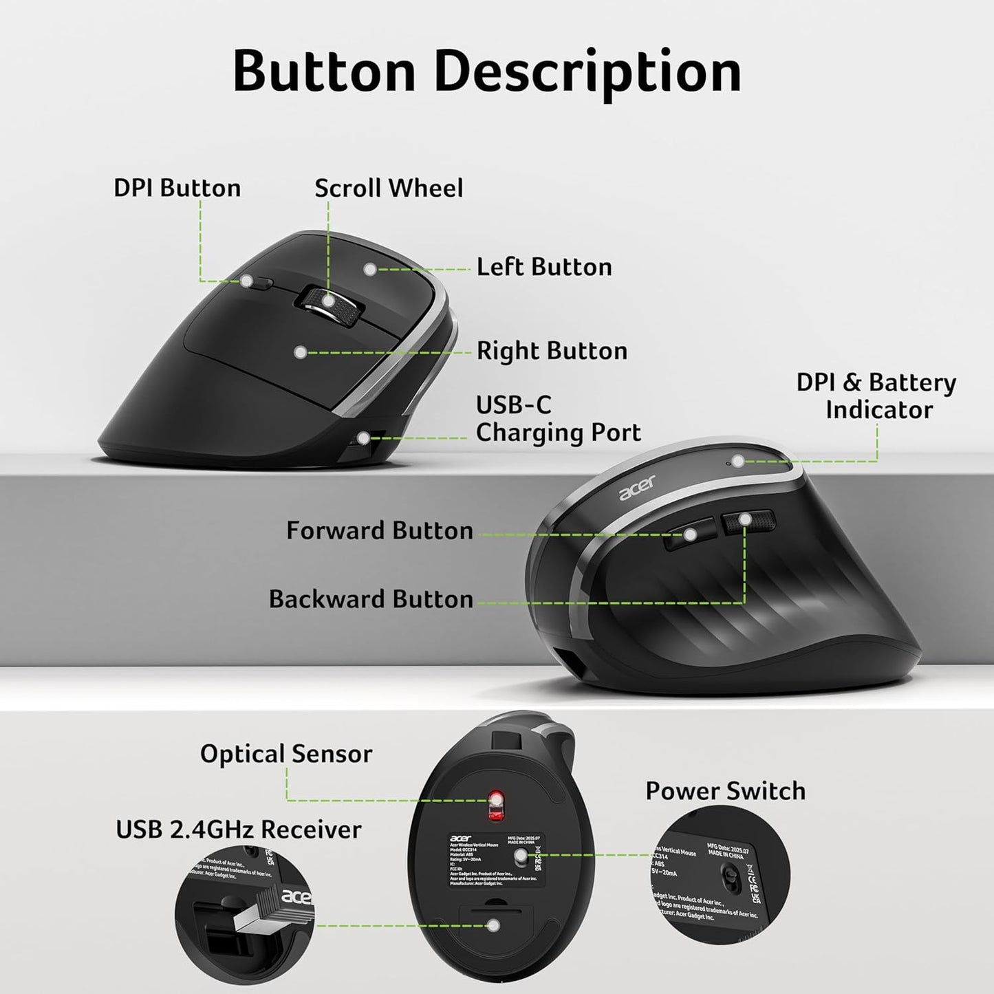 Acer Ergonomic Mouse Wireless, Vertical Computer Mouse for Office, Ergo Mice Rechargeable for Medium to Large Sized Hands, 2.4GHz USB Receiver, 800/1200/1600 DPI, 6 Buttons for Laptop, PC and Desktop