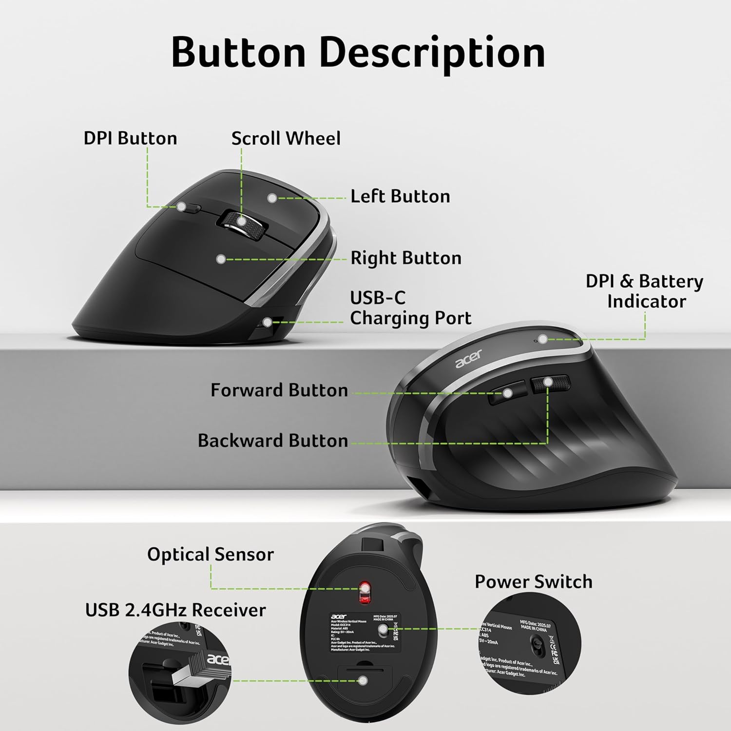 Acer Ergonomic Mouse Wireless, Vertical Computer Mouse for Office, Ergo Mice Rechargeable for Medium to Large Sized Hands, 2.4GHz USB Receiver, 800/1200/1600 DPI, 6 Buttons for Laptop, PC and Desktop