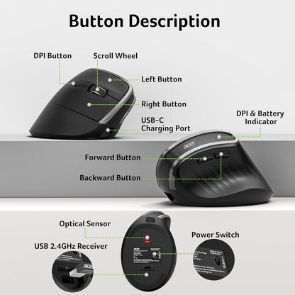 Acer Ergonomic Mouse Wireless, Vertical Computer Mouse for Office, Ergo Mice Rechargeable for Medium to Large Sized Hands, 2.4GHz USB Receiver, 800/1200/1600 DPI, 6 Buttons for Laptop, PC and Desktop