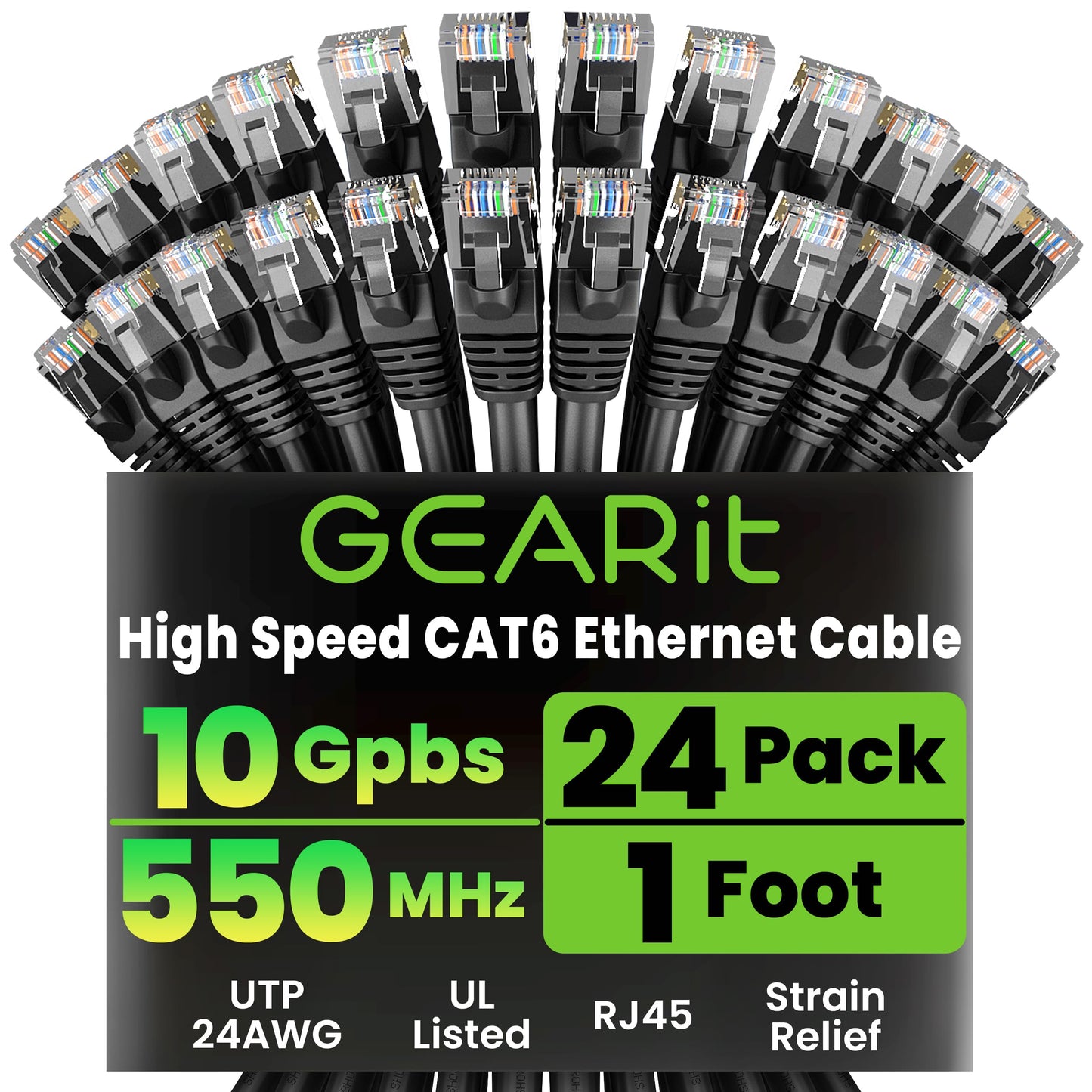 GEARit Cat 6 Ethernet Patch Cables 1 ft Yellow (Cat 6 Ethernet Cables 1 ft 24-Pack), High Speed 24AWG 10Gbps RJ45 Snagless Gold-Plated, Ethernet Cable for Router, Switch, PC, PS5 Gaming, Server