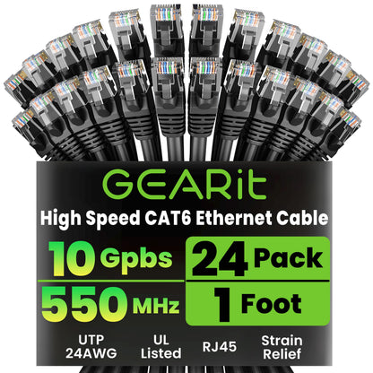 GEARit Cat 6 Ethernet Patch Cables 1 ft Yellow (Cat 6 Ethernet Cables 1 ft 24-Pack), High Speed 24AWG 10Gbps RJ45 Snagless Gold-Plated, Ethernet Cable for Router, Switch, PC, PS5 Gaming, Server