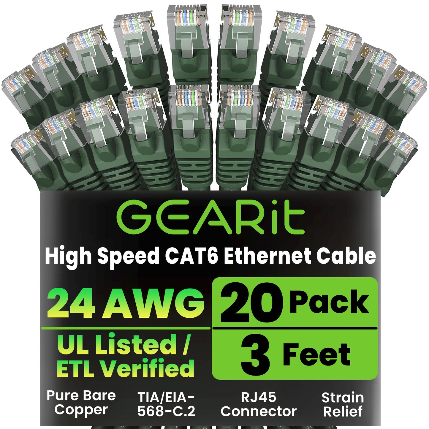 GEARit Cat 6 Ethernet Cable (20-Pack 5 Feet) Cat6 Network Patch, 10Gbps, RJ45, Snagless Cord, Gold-Plated Connectors, Internet for PC, TV, Tablet, Router, Printer, Servers, IT Data Center - Yellow