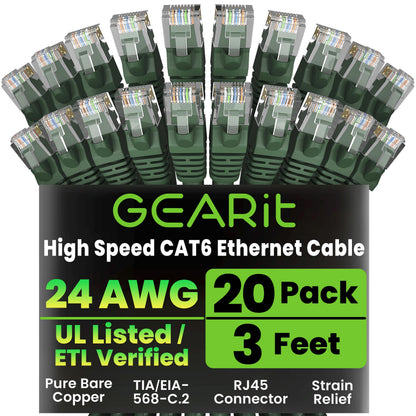 GEARit Cat 6 Ethernet Cable (20-Pack 5 Feet) Cat6 Network Patch, 10Gbps, RJ45, Snagless Cord, Gold-Plated Connectors, Internet for PC, TV, Tablet, Router, Printer, Servers, IT Data Center - Yellow