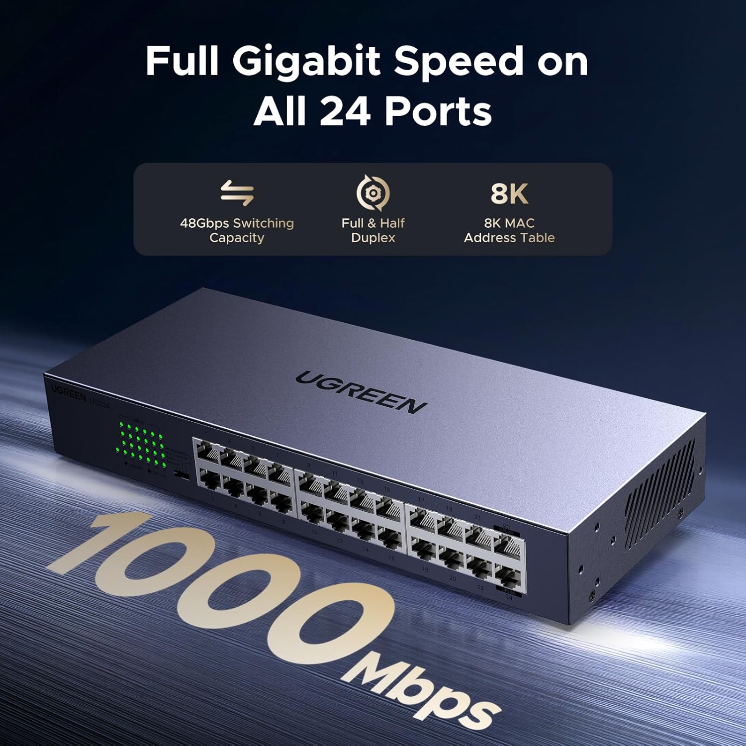 UGREEN 24 Port Gigabit Switch, Rackmount Plug & Play Ethernet Switch, 4 Mode, Unmanaged Network Splitter for Office & Business, Metal Fanless Desktop & Wall Mount Hub for NAS, PC, Printer, Router