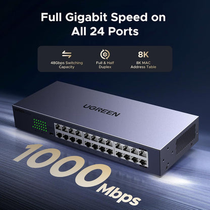 UGREEN 24 Port Gigabit Switch, Rackmount Plug & Play Ethernet Switch, 4 Mode, Unmanaged Network Splitter for Office & Business, Metal Fanless Desktop & Wall Mount Hub for NAS, PC, Printer, Router