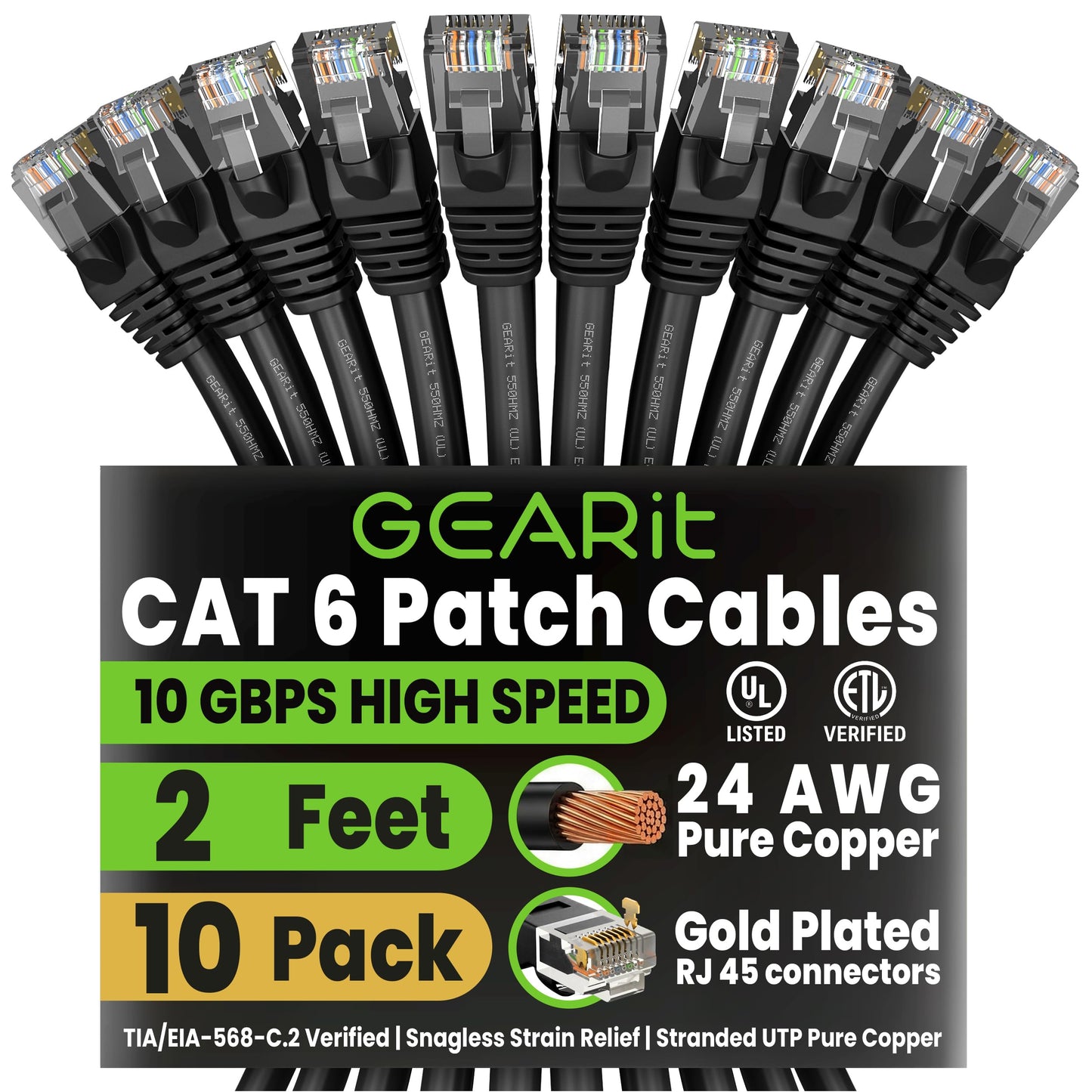 GEARit Cat 6 Ethernet Patch Cable 10 ft Black (10 Pack) Cat6 Patch Cables 10ft Black/Ethernet Patch Cable, 10Gbps 550MHz 24AWG Pure Copper, Snagless, Gold Plated RJ45 for Router, Server, Router, PC