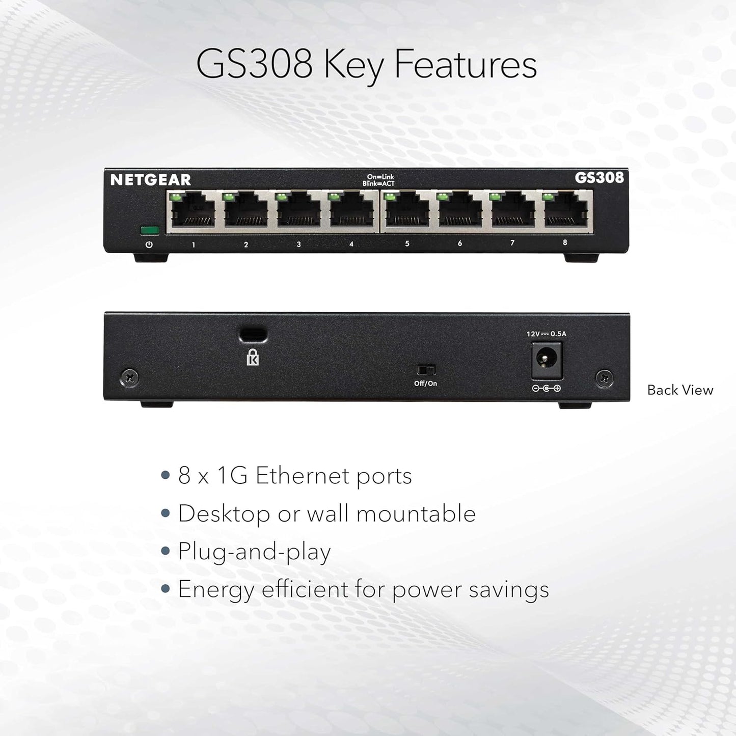 NETGEAR 8-Port Gigabit Ethernet Unmanaged Essentials Switch (GS308) - Home Network Hub, Office Ethernet Splitter, Plug-and-Play, Silent Operation, Desktop or Wall Mount