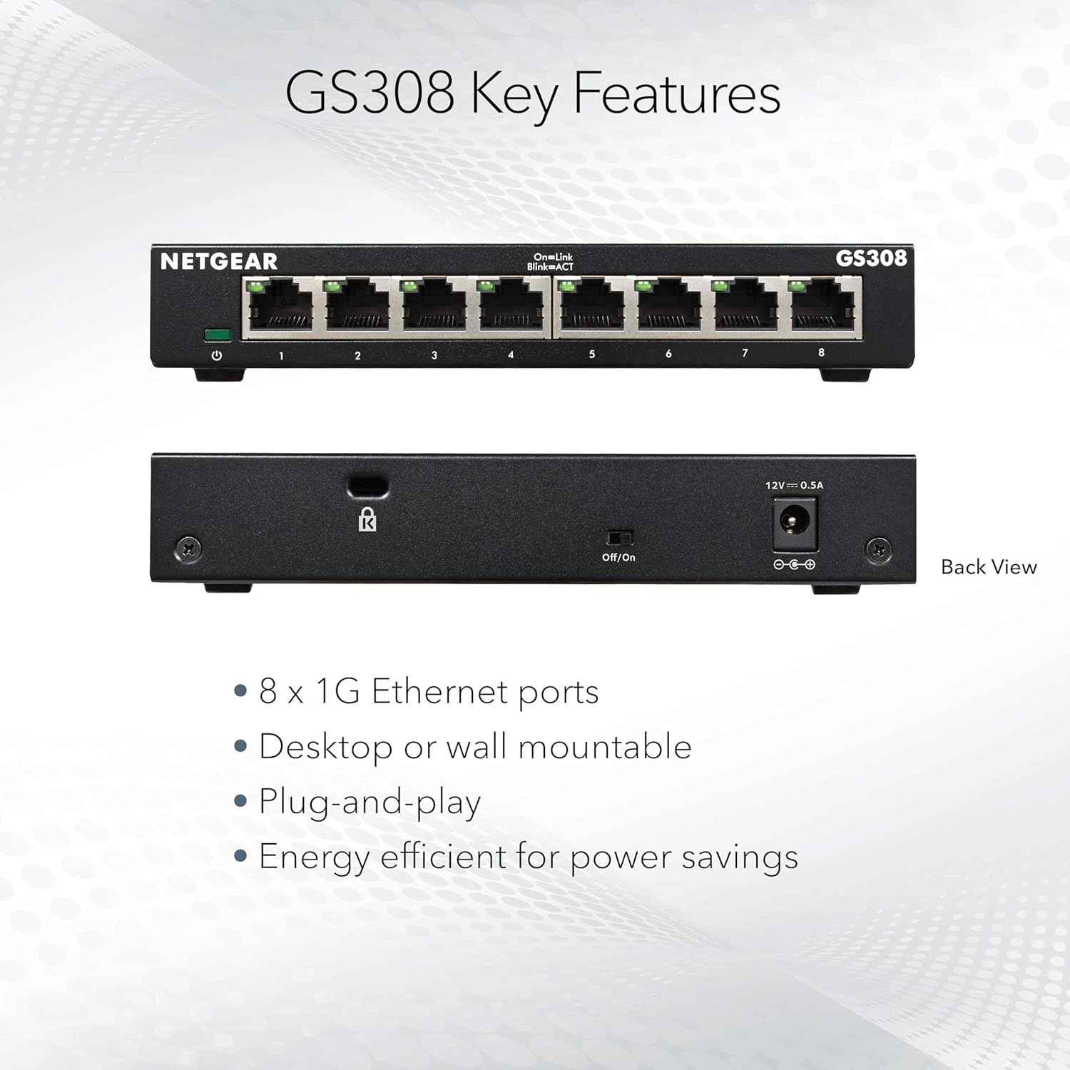 NETGEAR 8-Port Gigabit Ethernet Unmanaged Essentials Switch (GS308) - Home Network Hub, Office Ethernet Splitter, Plug-and-Play, Silent Operation, Desktop or Wall Mount