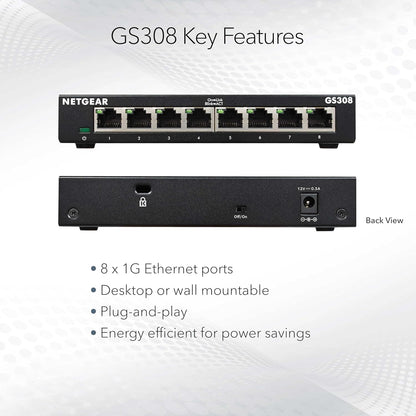 NETGEAR 8-Port Gigabit Ethernet Unmanaged Essentials Switch (GS308) - Home Network Hub, Office Ethernet Splitter, Plug-and-Play, Silent Operation, Desktop or Wall Mount