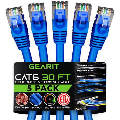 GEARit Cat 6 Ethernet Cable (20-Pack 5 Feet) Cat6 Network Patch, 10Gbps, RJ45, Snagless Cord, Gold-Plated Connectors, Internet for PC, TV, Tablet, Router, Printer, Servers, IT Data Center - Yellow