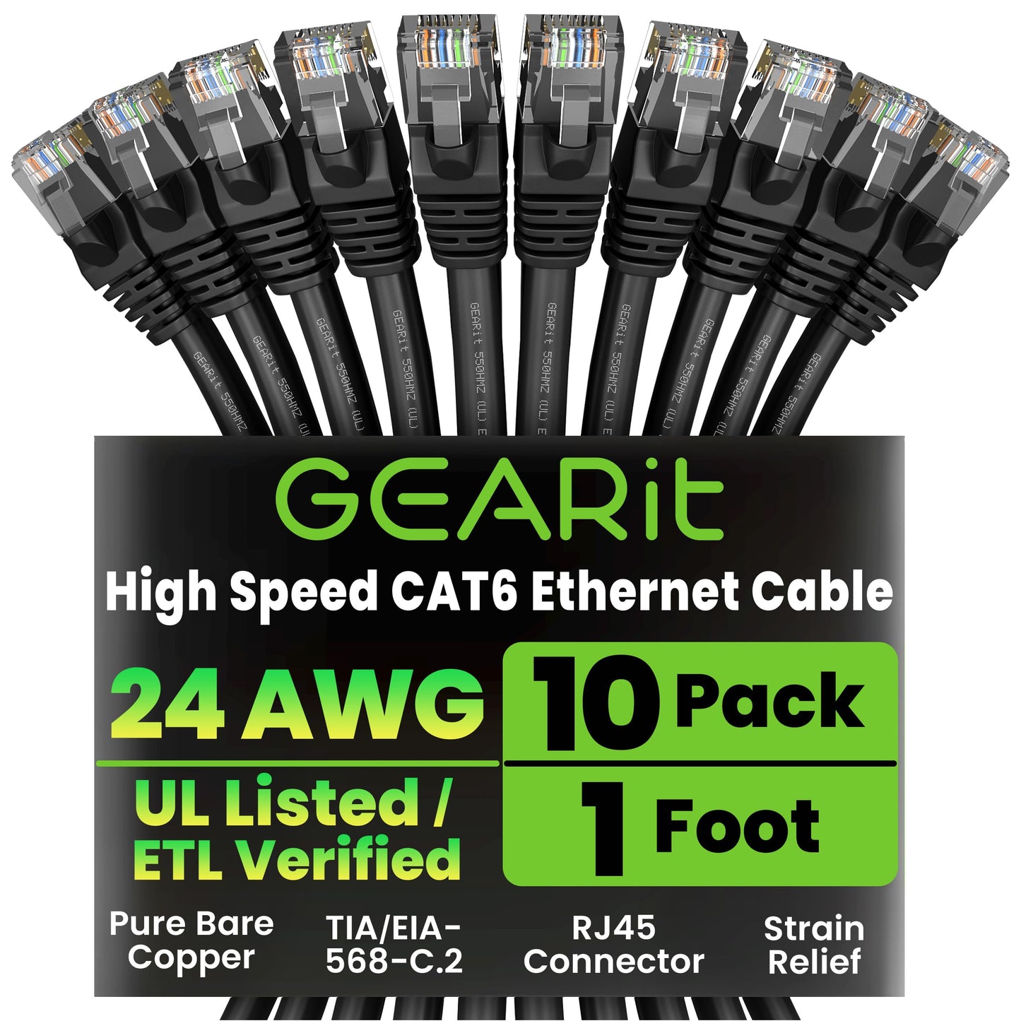 GEARit Cat 6 Ethernet Patch Cable 10 ft Black (10 Pack) Cat6 Patch Cables 10ft Black/Ethernet Patch Cable, 10Gbps 550MHz 24AWG Pure Copper, Snagless, Gold Plated RJ45 for Router, Server, Router, PC