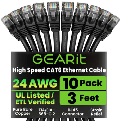 GEARit Cat 6 Ethernet Patch Cable 10 ft Black (10 Pack) Cat6 Patch Cables 10ft Black/Ethernet Patch Cable, 10Gbps 550MHz 24AWG Pure Copper, Snagless, Gold Plated RJ45 for Router, Server, Router, PC