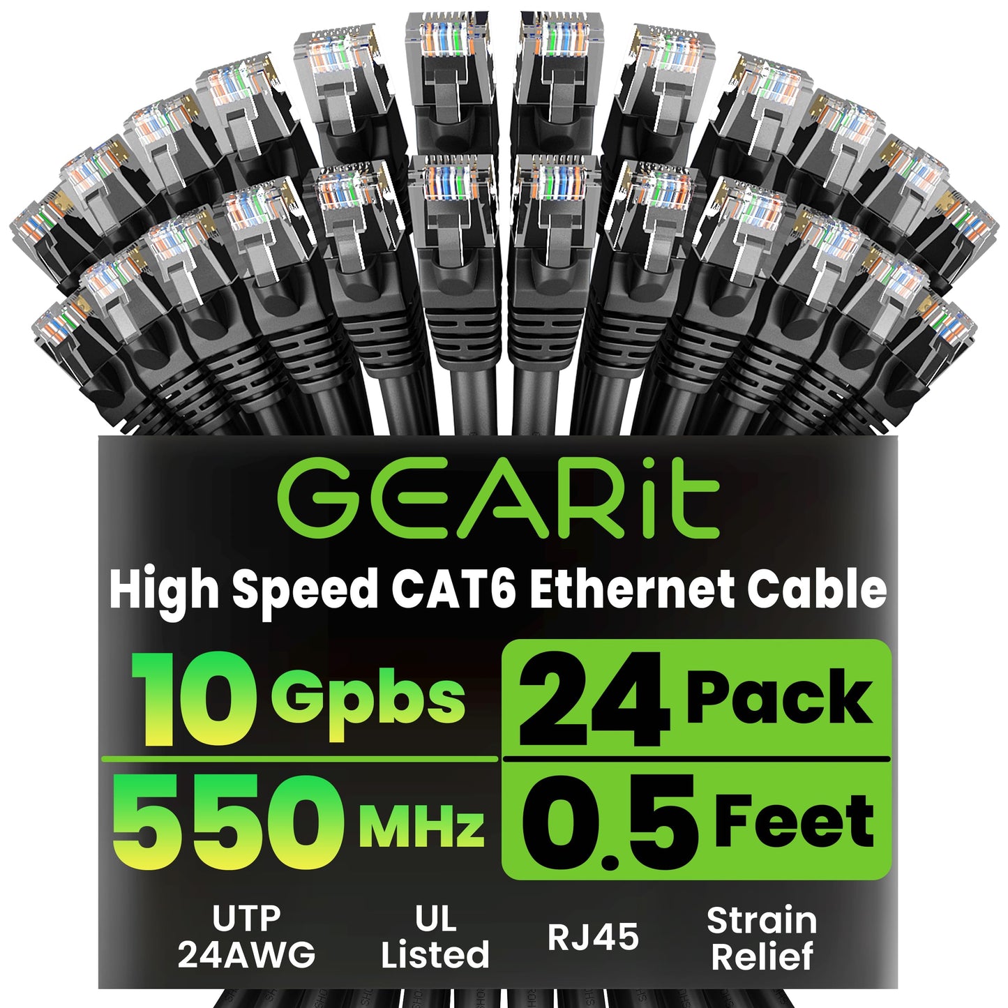 GEARit Cat 6 Ethernet Patch Cables 1 ft Yellow (Cat 6 Ethernet Cables 1 ft 24-Pack), High Speed 24AWG 10Gbps RJ45 Snagless Gold-Plated, Ethernet Cable for Router, Switch, PC, PS5 Gaming, Server