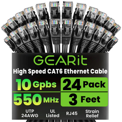 GEARit Cat 6 Ethernet Patch Cables 1 ft Yellow (Cat 6 Ethernet Cables 1 ft 24-Pack), High Speed 24AWG 10Gbps RJ45 Snagless Gold-Plated, Ethernet Cable for Router, Switch, PC, PS5 Gaming, Server