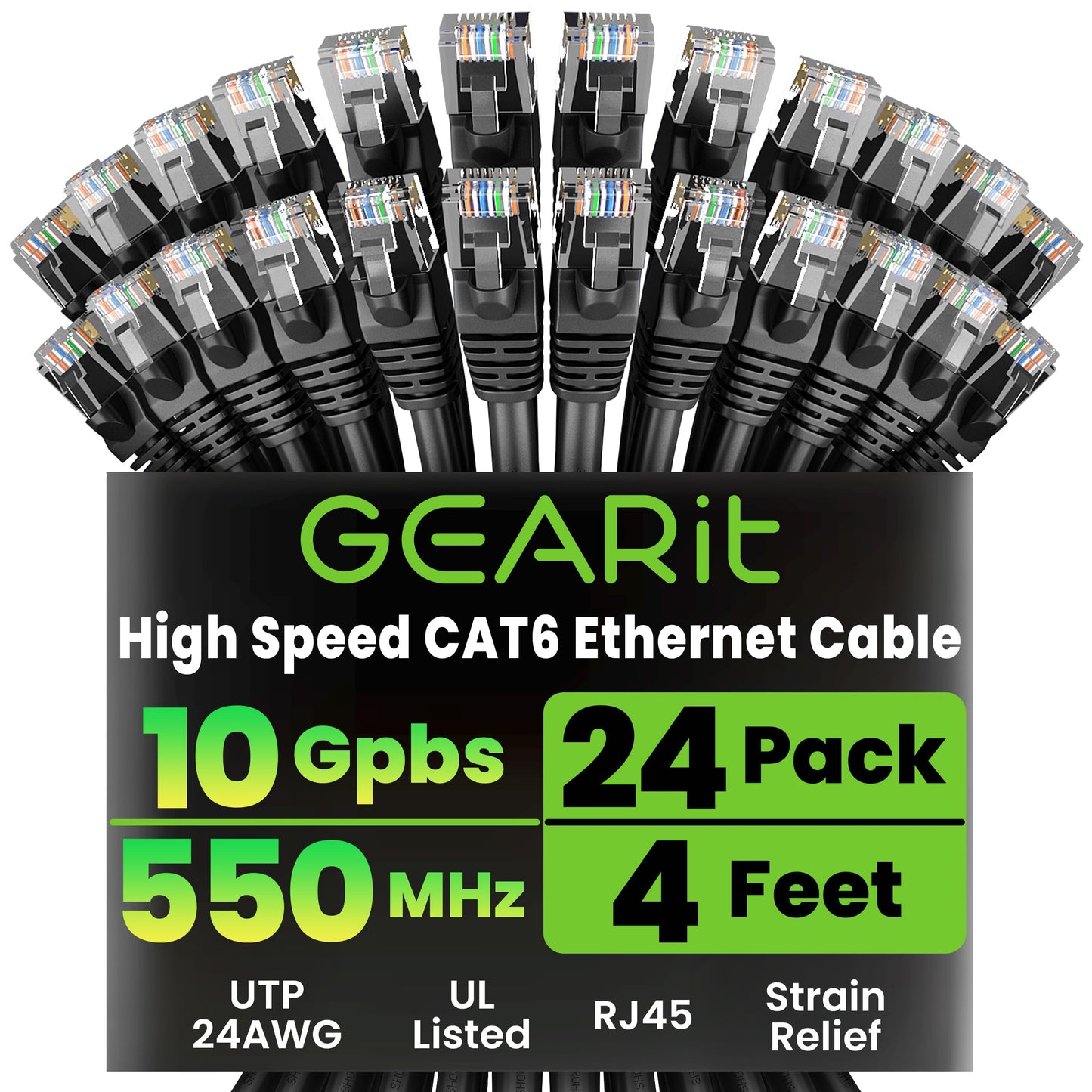 GEARit Cat 6 Ethernet Patch Cables 1 ft Yellow (Cat 6 Ethernet Cables 1 ft 24-Pack), High Speed 24AWG 10Gbps RJ45 Snagless Gold-Plated, Ethernet Cable for Router, Switch, PC, PS5 Gaming, Server