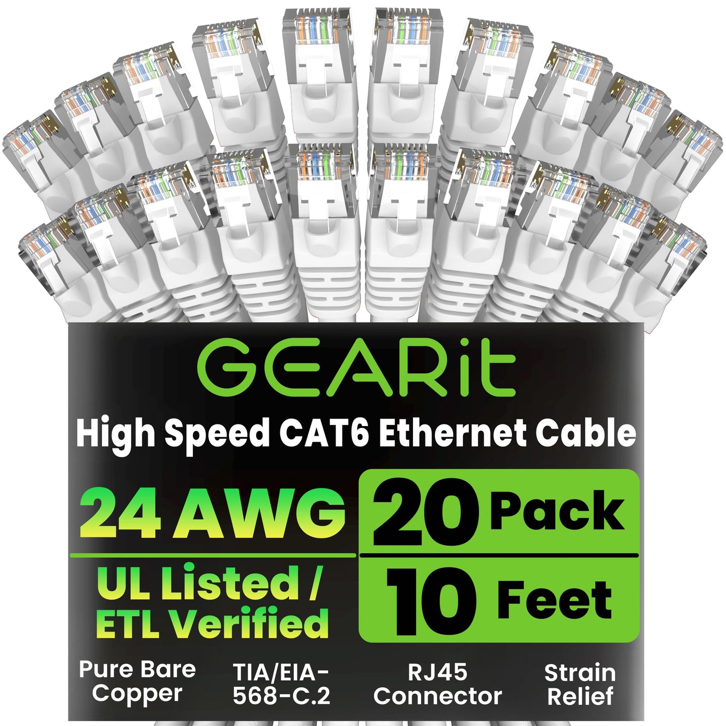 GEARit Cat 6 Ethernet Patch Cable 10 ft Black (10 Pack) Cat6 Patch Cables 10ft Black/Ethernet Patch Cable, 10Gbps 550MHz 24AWG Pure Copper, Snagless, Gold Plated RJ45 for Router, Server, Router, PC