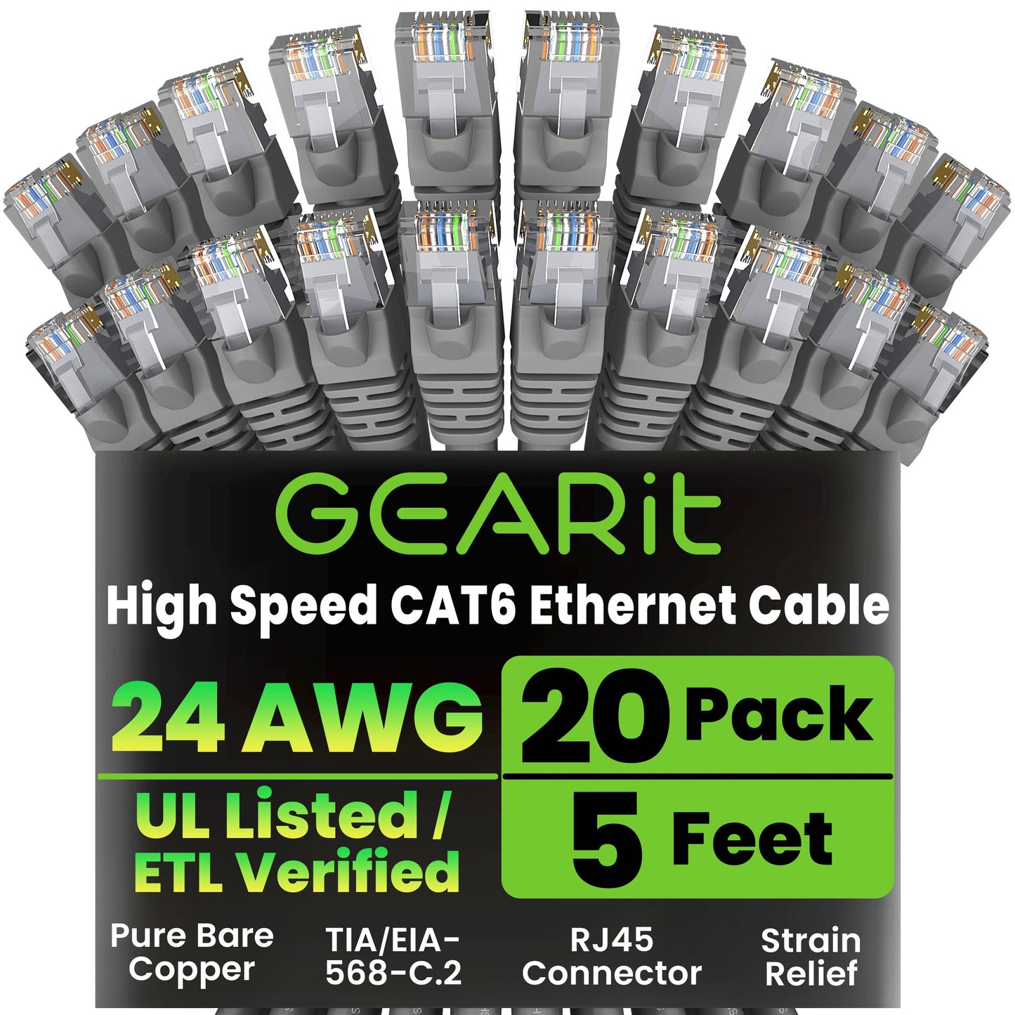 GEARit Cat 6 Ethernet Patch Cable 10 ft Black (10 Pack) Cat6 Patch Cables 10ft Black/Ethernet Patch Cable, 10Gbps 550MHz 24AWG Pure Copper, Snagless, Gold Plated RJ45 for Router, Server, Router, PC
