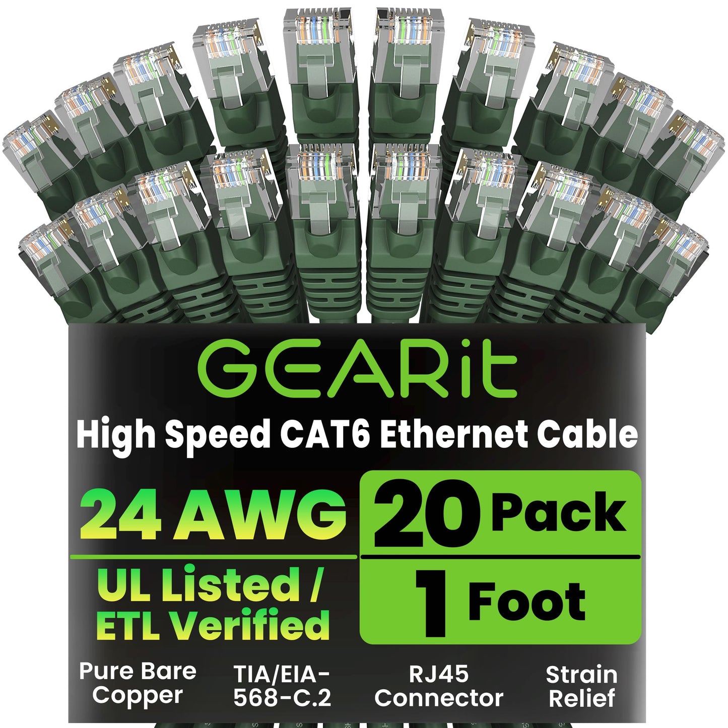 GEARit Cat 6 Ethernet Cable (20-Pack 5 Feet) Cat6 Network Patch, 10Gbps, RJ45, Snagless Cord, Gold-Plated Connectors, Internet for PC, TV, Tablet, Router, Printer, Servers, IT Data Center - Yellow