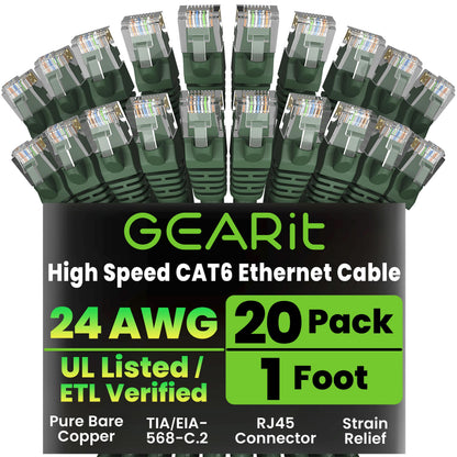 GEARit Cat 6 Ethernet Cable (20-Pack 5 Feet) Cat6 Network Patch, 10Gbps, RJ45, Snagless Cord, Gold-Plated Connectors, Internet for PC, TV, Tablet, Router, Printer, Servers, IT Data Center - Yellow