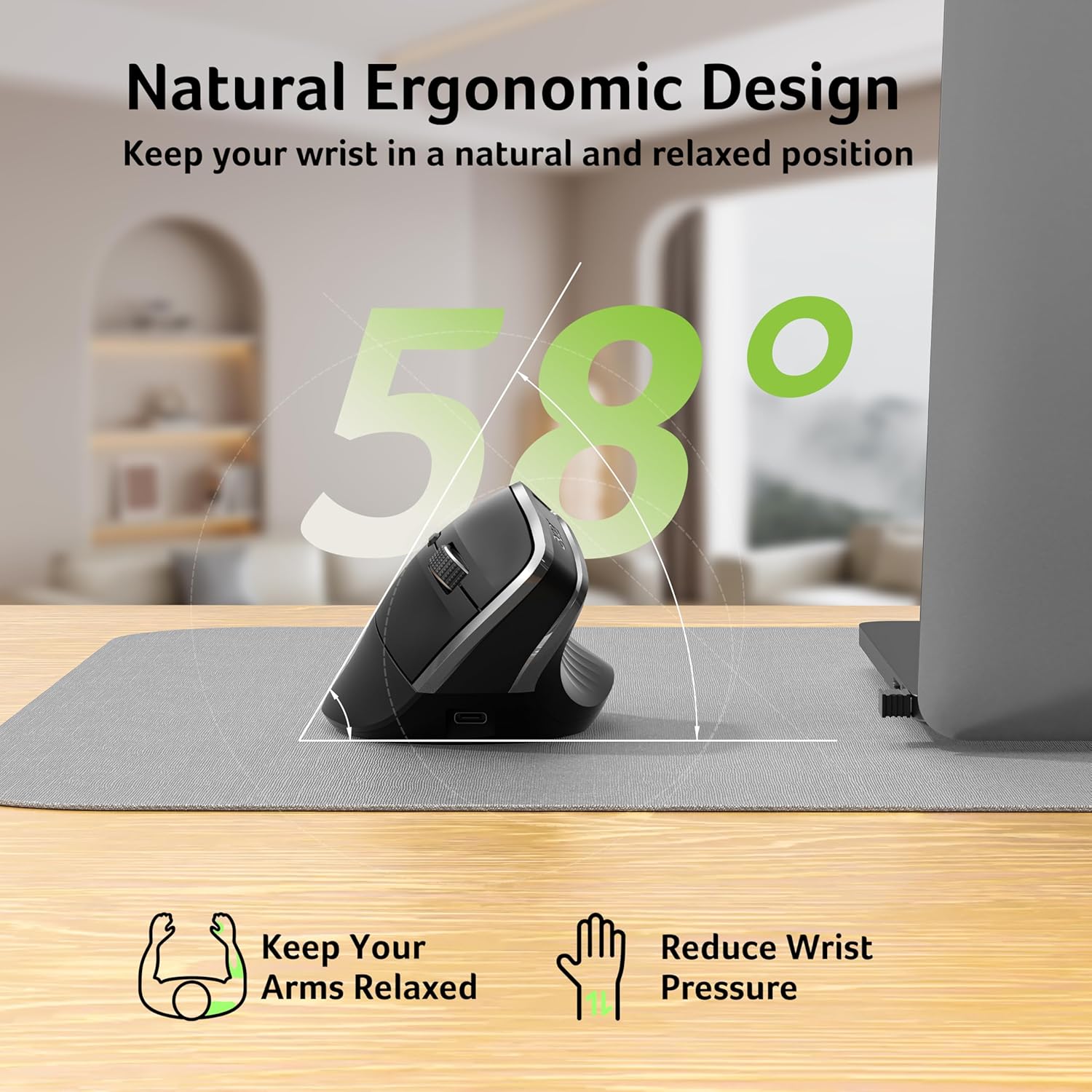 Acer Ergonomic Mouse Wireless, Vertical Computer Mouse for Office, Ergo Mice Rechargeable for Medium to Large Sized Hands, 2.4GHz USB Receiver, 800/1200/1600 DPI, 6 Buttons for Laptop, PC and Desktop