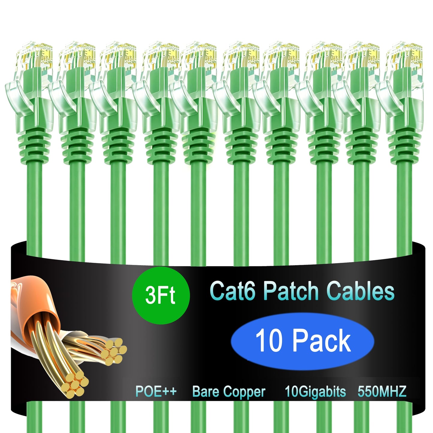 Cat6 Ethernet Patch Cable 6 ft (10 Pack), Cat6 Patch Cable for Data Centers, Cat 6 Patch Cable 10G, Network Patch Cables for Home and Enterprise Network -Black