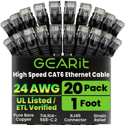 GEARit Cat 6 Ethernet Patch Cable 10 ft Black (10 Pack) Cat6 Patch Cables 10ft Black/Ethernet Patch Cable, 10Gbps 550MHz 24AWG Pure Copper, Snagless, Gold Plated RJ45 for Router, Server, Router, PC
