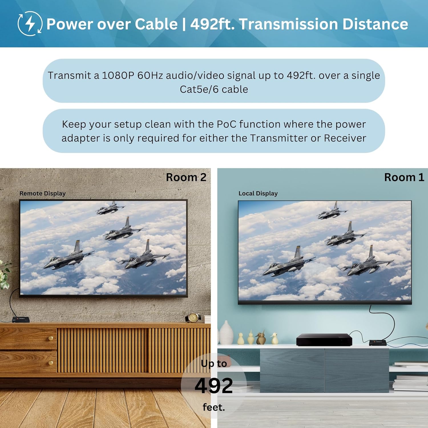 J-Tech Digital Long Range HDMI Extender Over Cat6 150m/492ft HDBaseT 1080P Extender PoC, Bi-Directional IR, Supports Dolby Digital, DTS, with EDID, CEC, & RS-232 Passthrough (JTECH-HDT150)