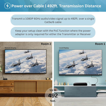 J-Tech Digital Long Range HDMI Extender Over Cat6 150m/492ft HDBaseT 1080P Extender PoC, Bi-Directional IR, Supports Dolby Digital, DTS, with EDID, CEC, & RS-232 Passthrough (JTECH-HDT150)