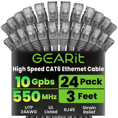 GEARit Cat 6 Ethernet Patch Cables 1 ft Yellow (Cat 6 Ethernet Cables 1 ft 24-Pack), High Speed 24AWG 10Gbps RJ45 Snagless Gold-Plated, Ethernet Cable for Router, Switch, PC, PS5 Gaming, Server