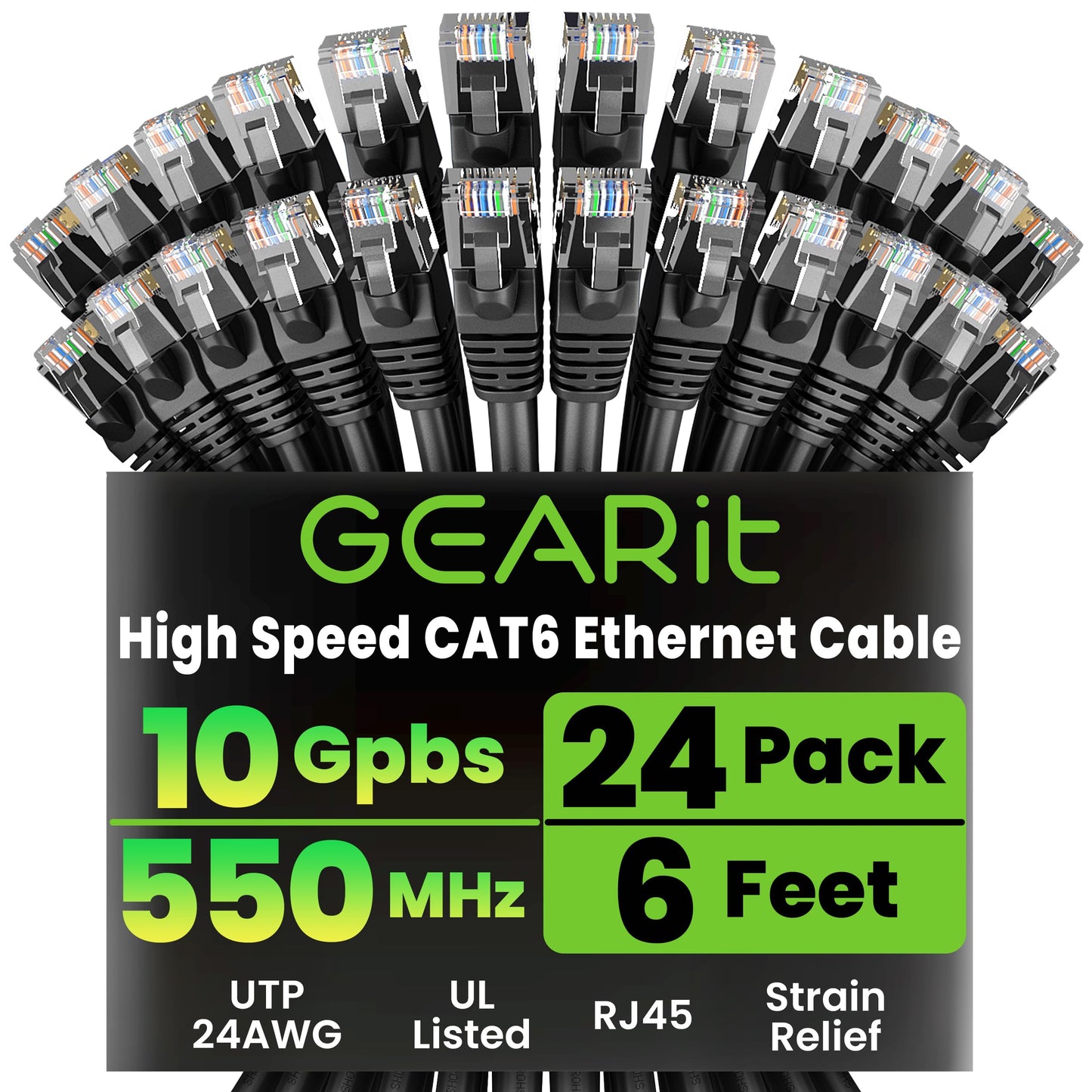 GEARit Cat 6 Ethernet Patch Cables 1 ft Yellow (Cat 6 Ethernet Cables 1 ft 24-Pack), High Speed 24AWG 10Gbps RJ45 Snagless Gold-Plated, Ethernet Cable for Router, Switch, PC, PS5 Gaming, Server