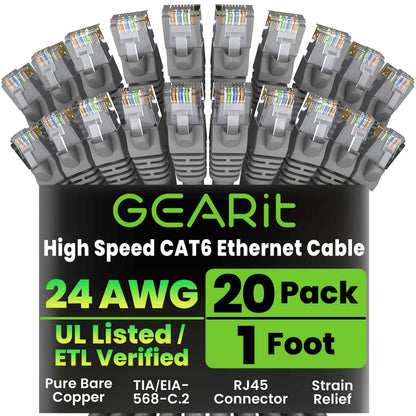 GEARit Cat 6 Ethernet Patch Cable 10 ft Black (10 Pack) Cat6 Patch Cables 10ft Black/Ethernet Patch Cable, 10Gbps 550MHz 24AWG Pure Copper, Snagless, Gold Plated RJ45 for Router, Server, Router, PC